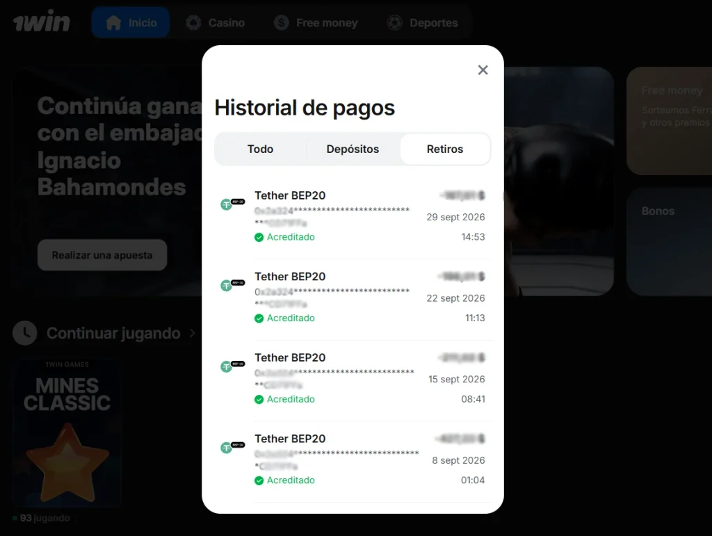 Historial de retiro real verificado en la cuenta de 1win Chile