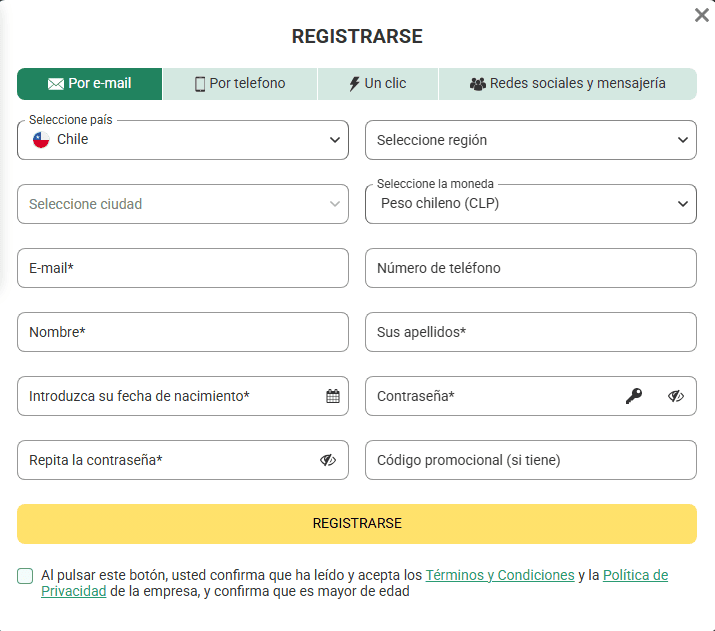 Formulario de registro de Betwinner con Chile y peso chileno seleccionados