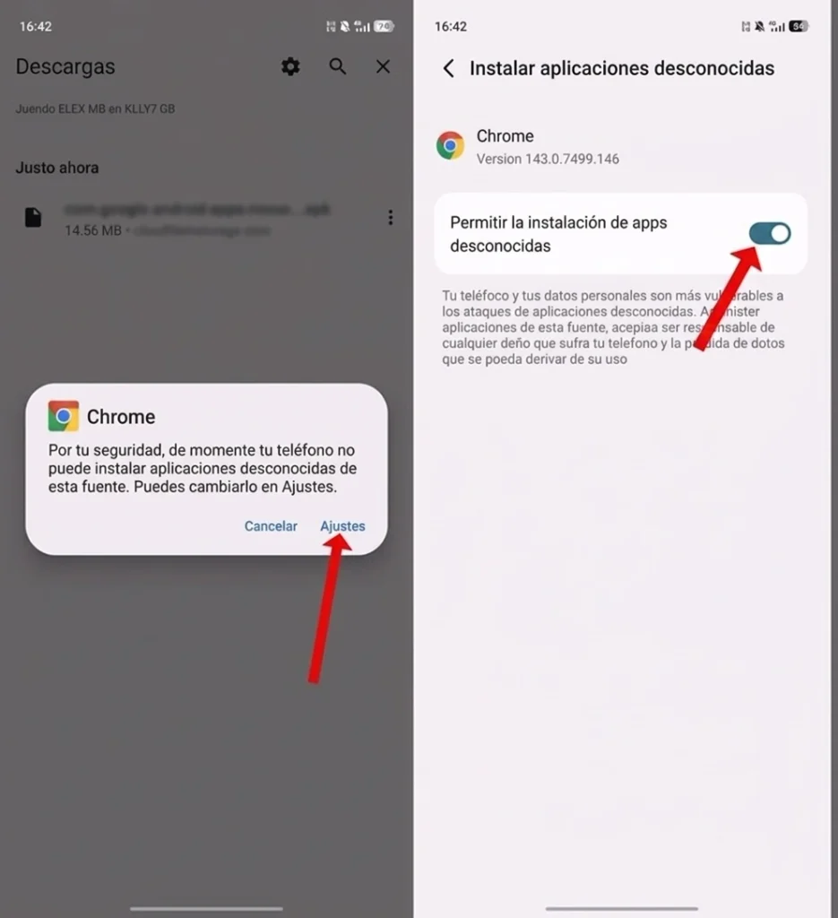 Permiso de instalación del APK de Betwinner activado en un Android chileno