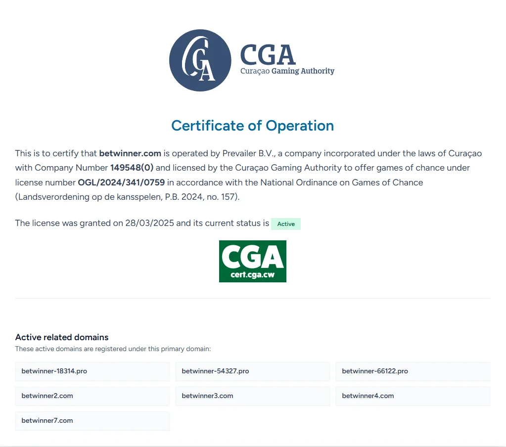 Certificado de licencia OGL/2024/341/0759 de Betwinner en el registro oficial de la Curaçao Gaming Authority