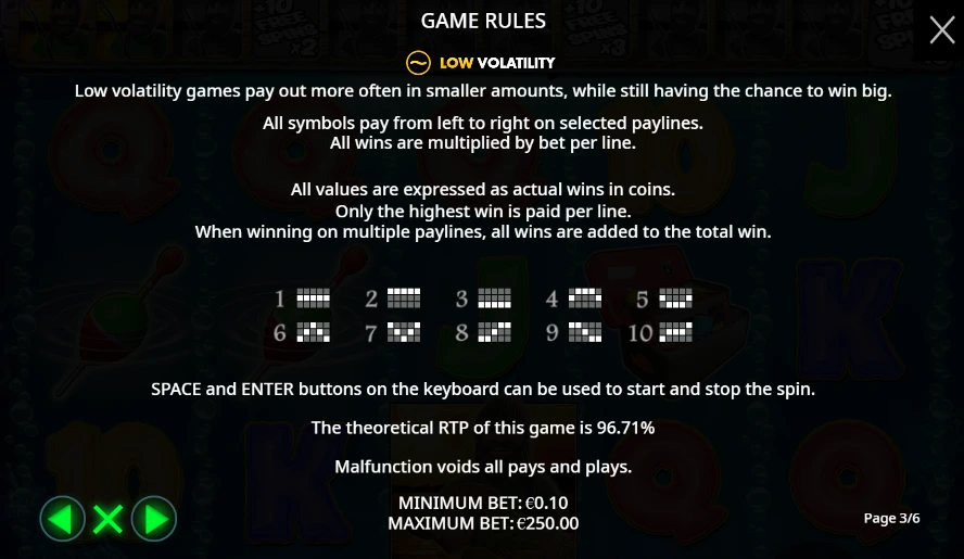 Pantalla de reglas de Big Bass Bonanza mostrando el RTP en 1win