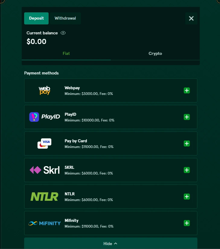 Cajero de depósito de Casinia con Webpay, PlayID, tarjeta, SKRL, NTLR y Mifinity