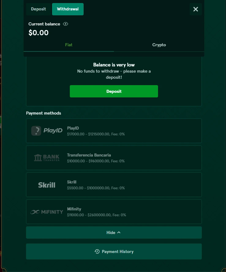 Cajero de retiro de Casinia con PlayID, transferencia bancaria, Skrill y Mifinity, sin comisión