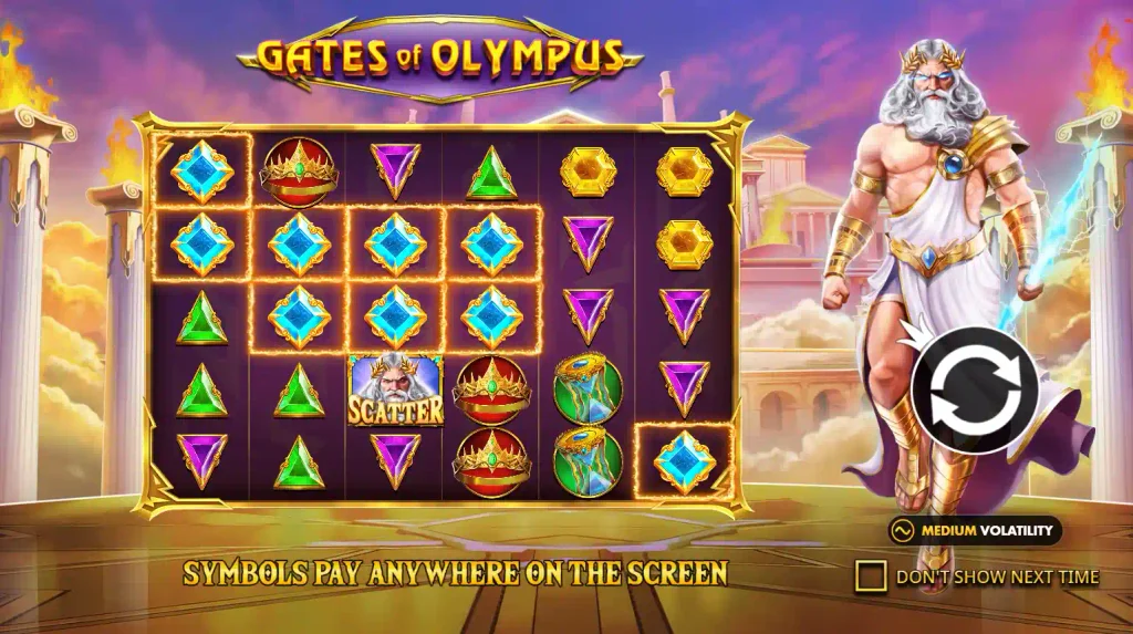 Interfaz de Gates of Olympus con la grilla de símbolos y multiplicadores