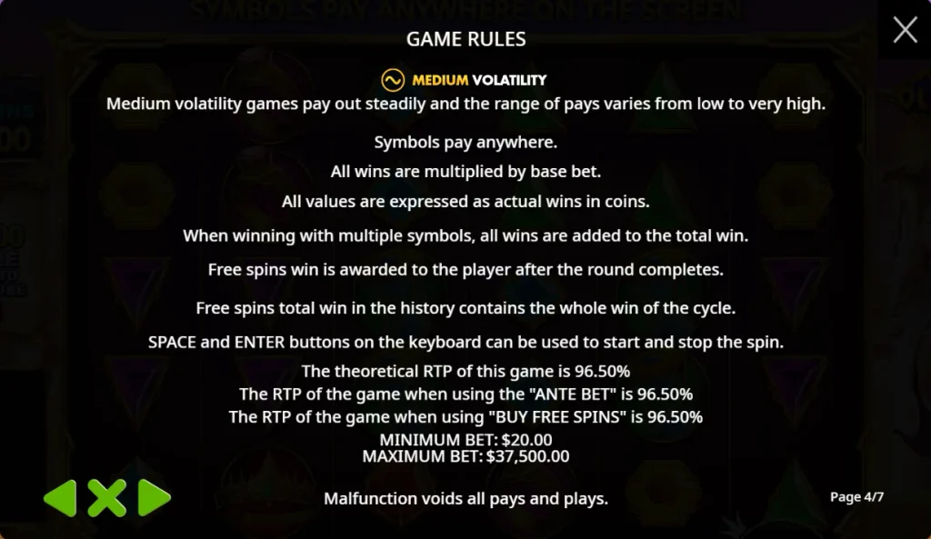 Pantalla de reglas de Gates of Olympus mostrando el RTP del juego