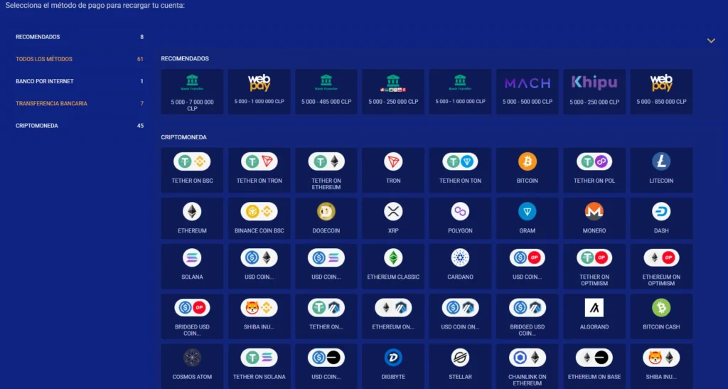 Métodos de depósito de SapphireBet Chile con Webpay, MACH, Khipu y transferencia bancaria y sus montos mínimos y máximos en CLP