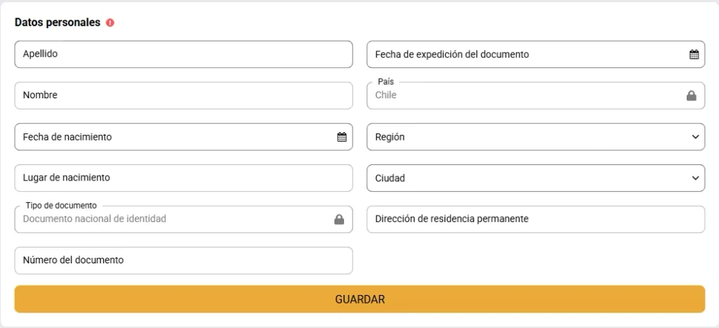 Formulario de verificación de datos personales en SapphireBet Chile