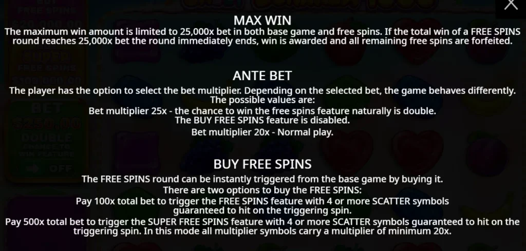 Pantalla con la ganancia máxima de 25.000x, el Ante Bet y la compra de giros gratis