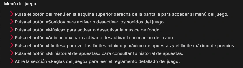 Menú de Aviator con el botón Límites, el historial de apuestas y las reglas del juego