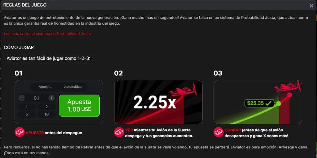 Pantalla de reglas de Aviator: tres pasos para apostar, mirar el multiplicador y cobrar antes de que el avión se vaya