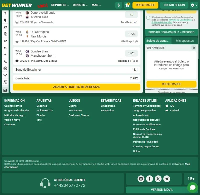 Pie de página de Betwinner sin número de licencia ni sello visible, revisado el 07/10/2026