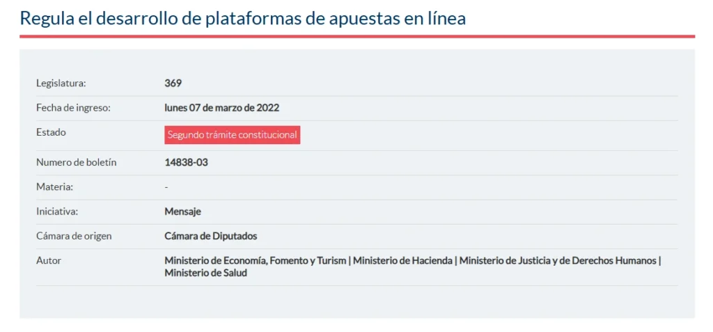 Ficha de la Cámara de Diputados del Boletín 14.838-03, proyecto de apuestas en línea en segundo trámite