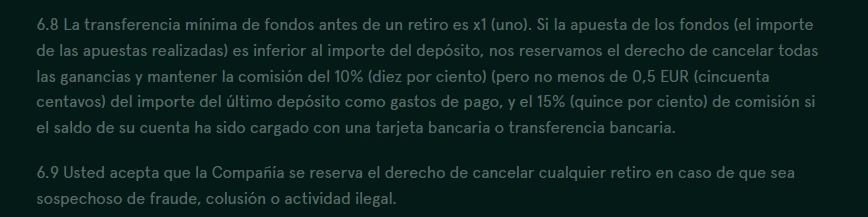 Sección 6.8 de los términos de Casinia: comisión de 10% o 15% si no apuestas el depósito antes de retirar