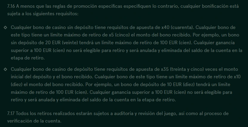 Sección 7.16 de los términos de Casinia con el rollover de 35x y el retiro máximo de 10x el bono