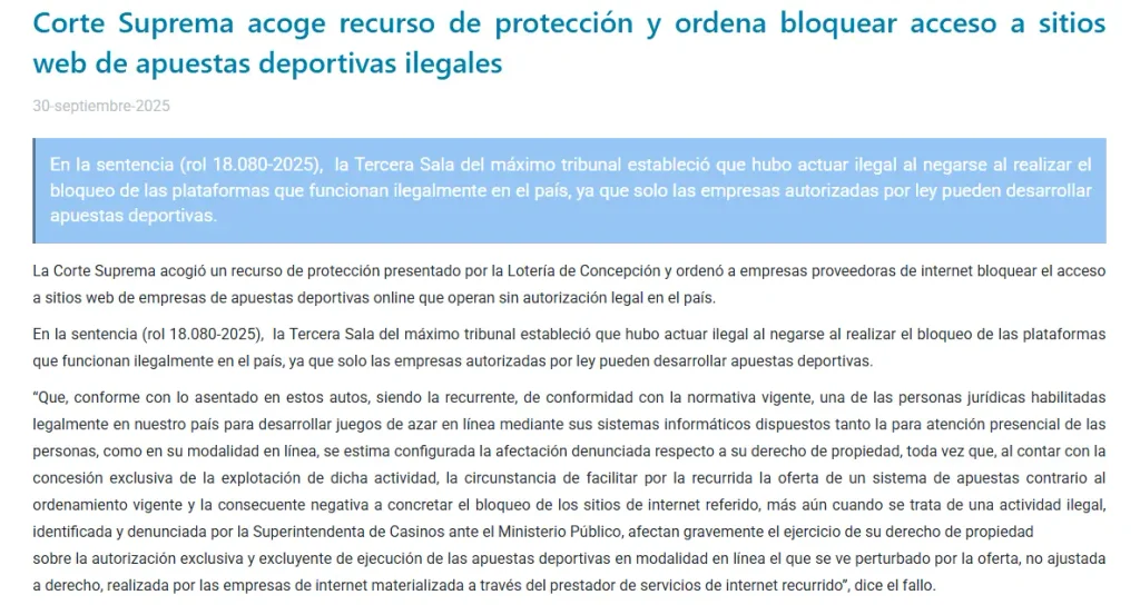 Comunicado del Poder Judicial sobre el rol 18.080-2025 que ordena bloquear sitios de apuestas en línea