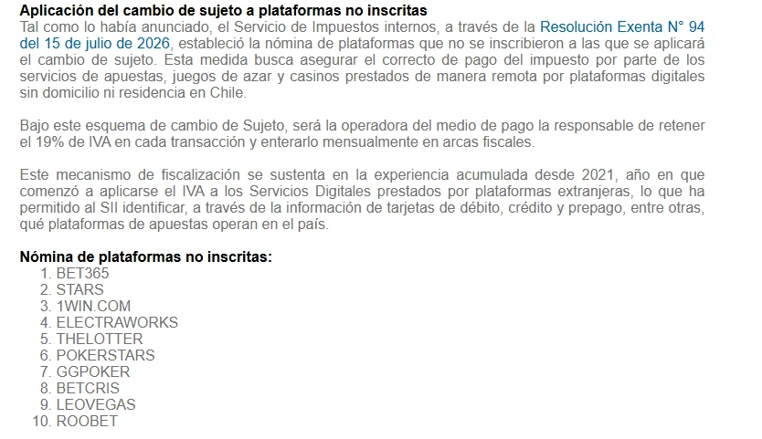 Nómina del SII del 15/07/2026 con las plataformas de apuestas inscritas y las 10 no inscritas con retención del 19%